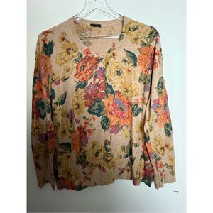 Talbots Size 1X Floral Pink Orange Yellow Cotton Rayon Cardigan Sweater Women